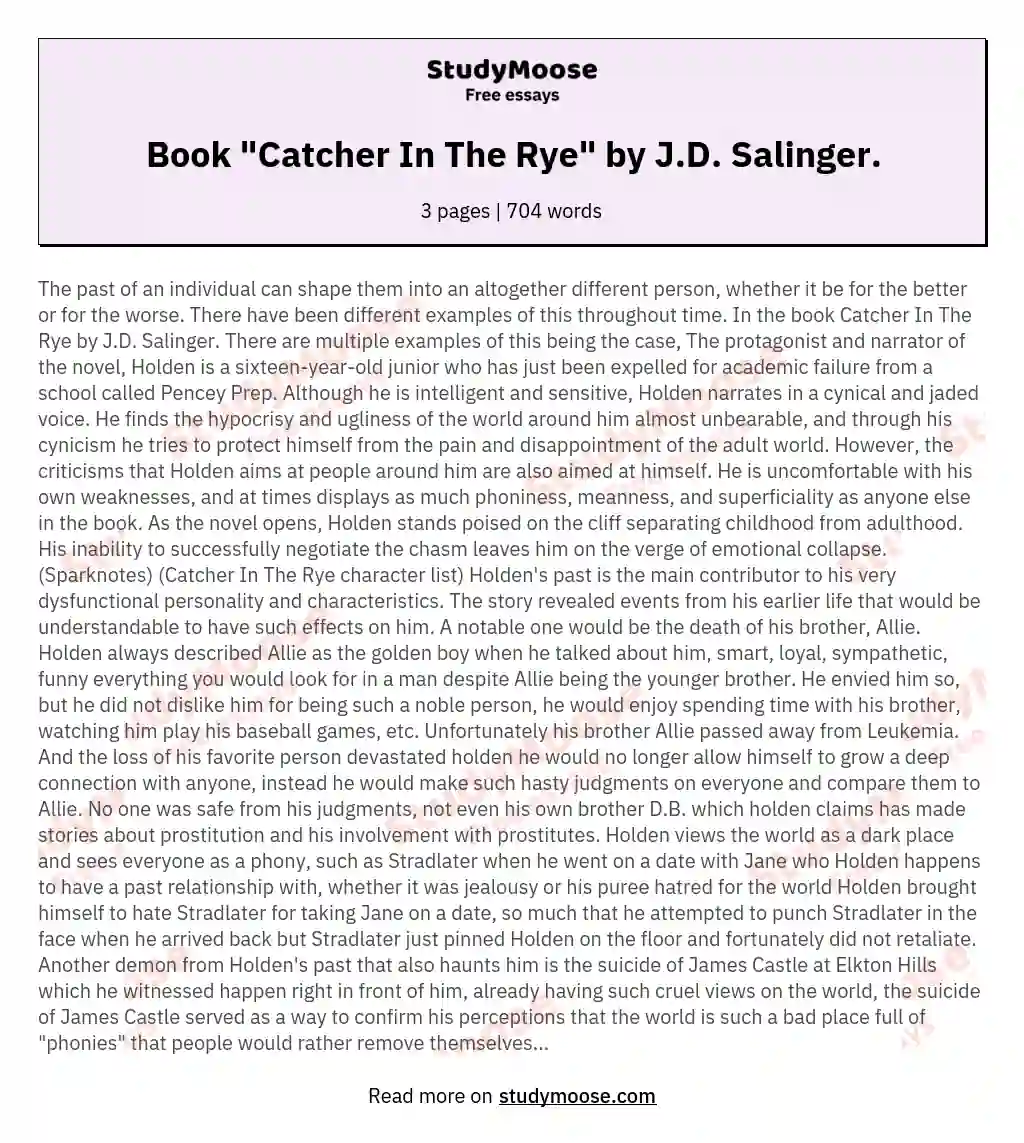 Book "Catcher In The Rye" by J.D. Salinger. essay