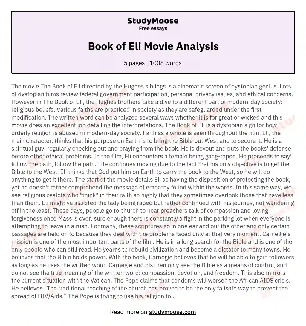 Book of Eli Movie Analysis essay