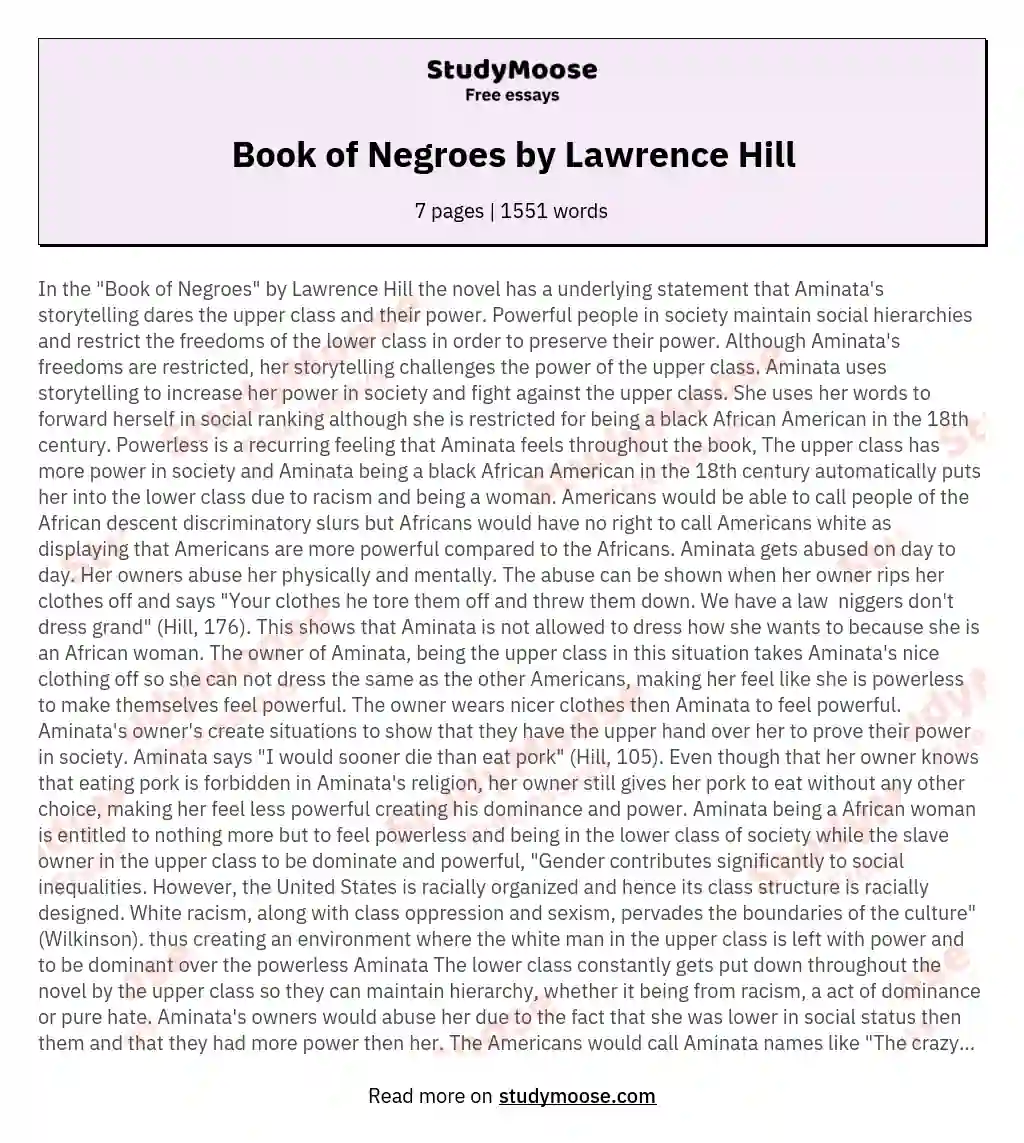 Book of Negroes by Lawrence Hill essay