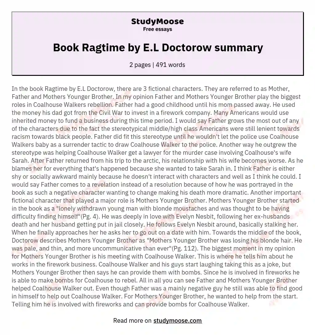 Book Ragtime by E.L Doctorow summary essay