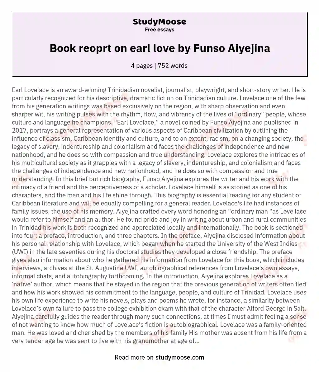 Book reoprt on earl love by Funso Aiyejina essay