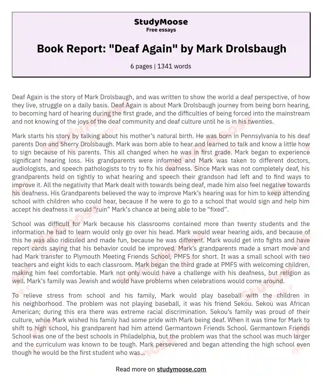Book Report: "Deaf Again" by Mark Drolsbaugh essay