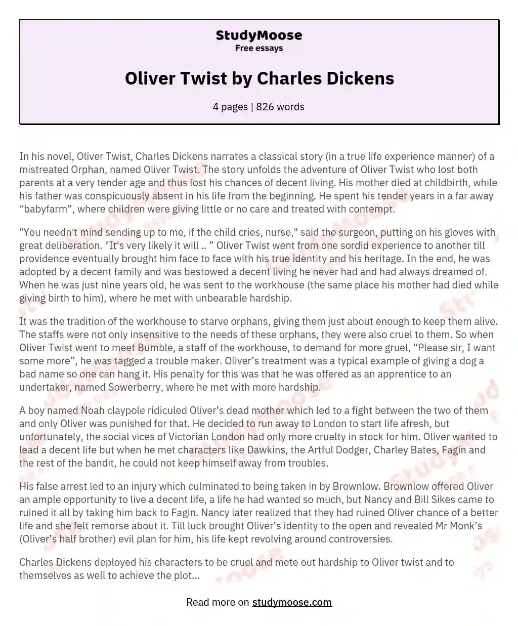 Oliver Twist by Charles Dickens essay