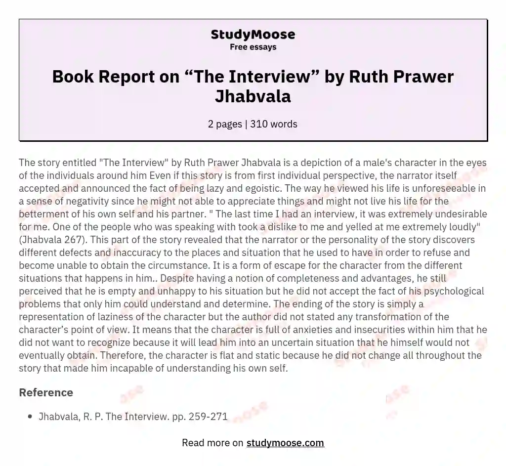 Book Report on “The Interview” by Ruth Prawer Jhabvala essay
