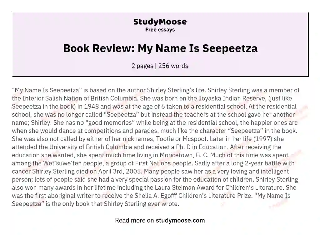 Book Review: My Name Is Seepeetza essay