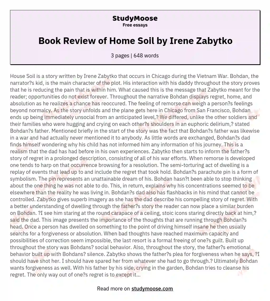 Book Review of Home Soil by Irene Zabytko essay