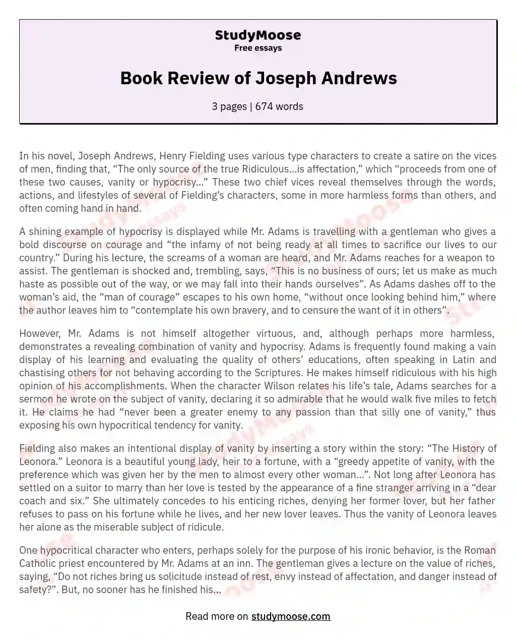 Book Review of Joseph Andrews essay