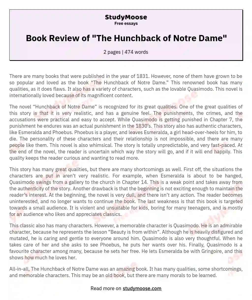 Book Review of &quot;The Hunchback of Notre Dame" essay