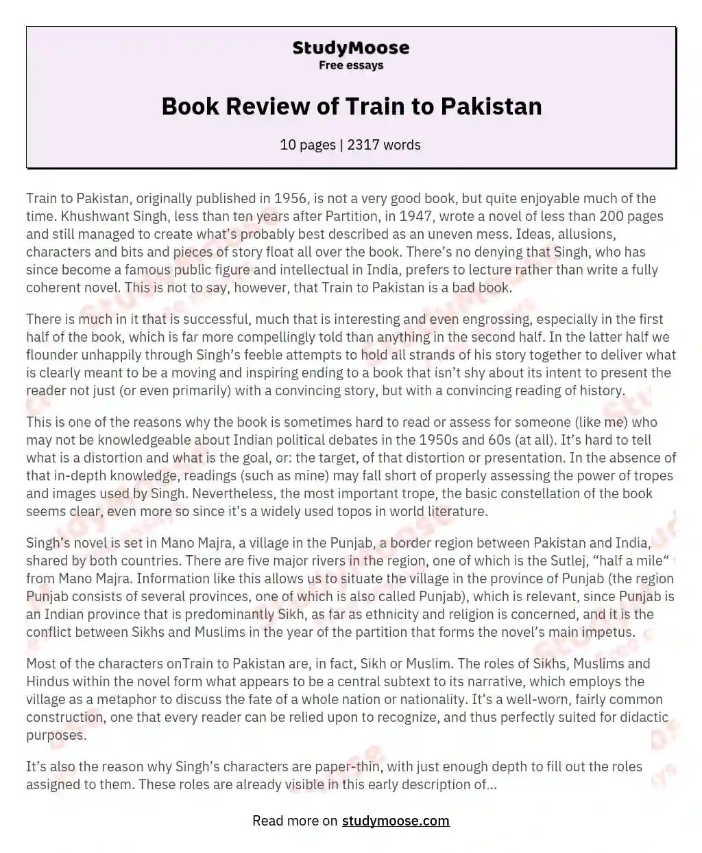 Book Review of Train to Pakistan