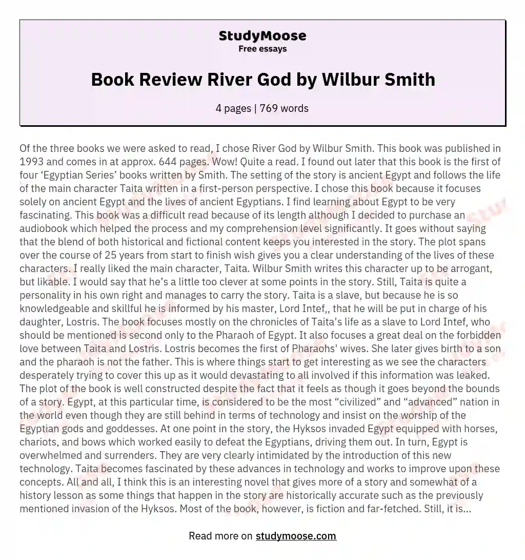 Book Review River God by Wilbur Smith essay