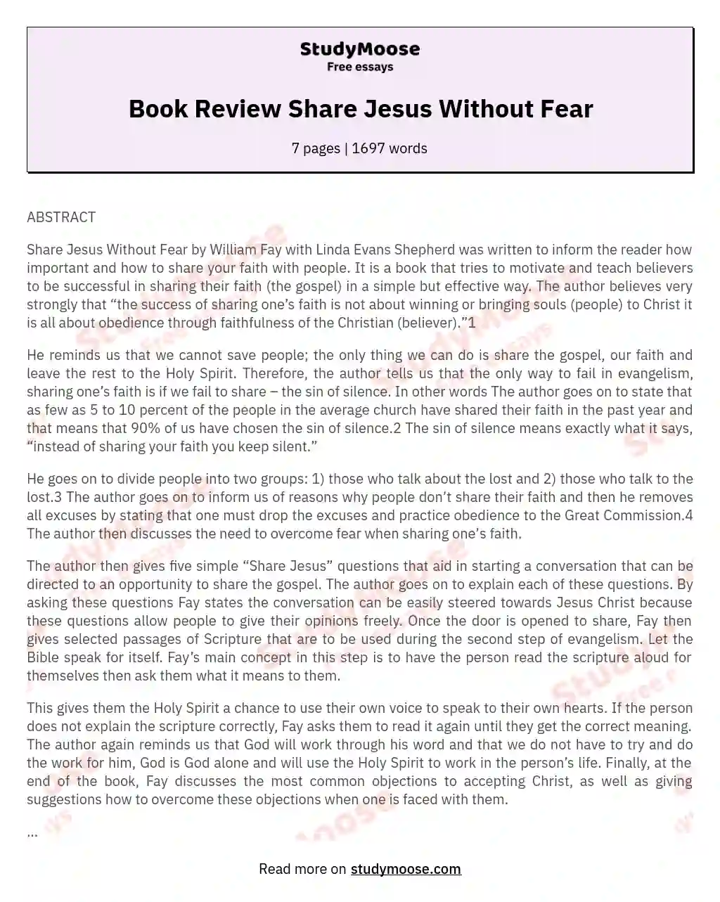 Book Review Share Jesus Without Fear essay