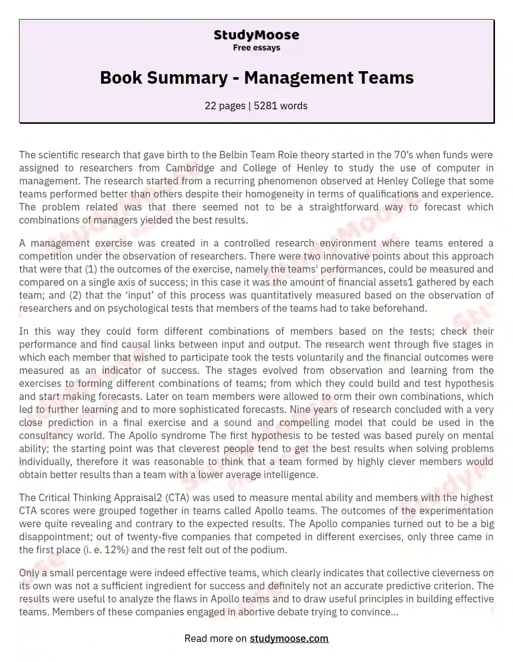 Book Summary - Management Teams essay