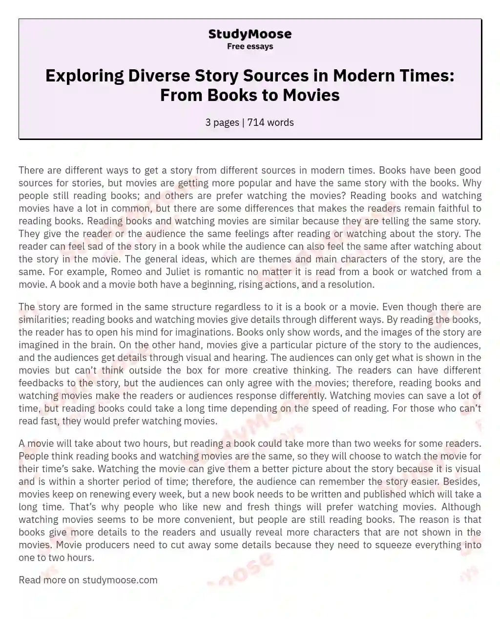 Exploring Diverse Story Sources in Modern Times: From Books to Movies essay