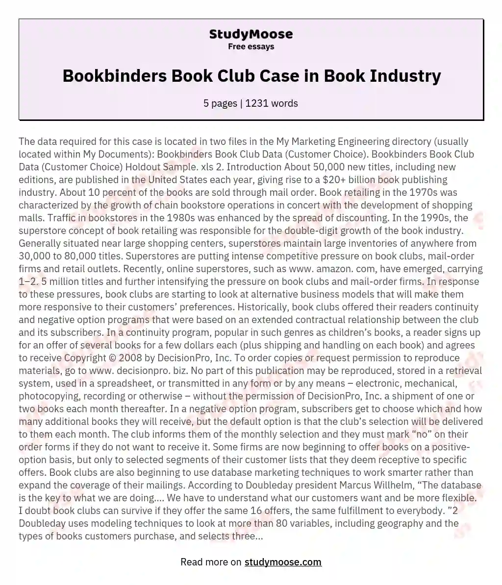 Bookbinders Book Club Case in Book Industry