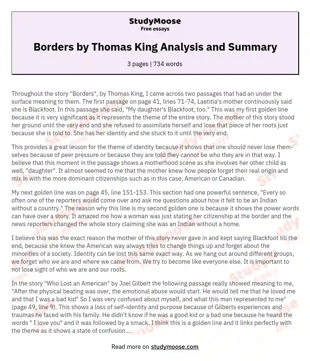 Borders by Thomas King Analysis and Summary essay