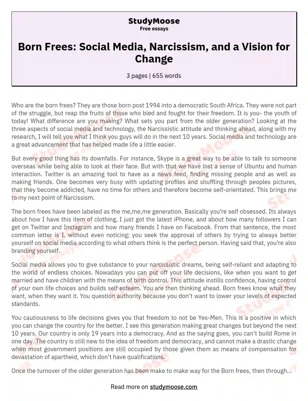 Born Frees: Social Media, Narcissism, and a Vision for Change essay