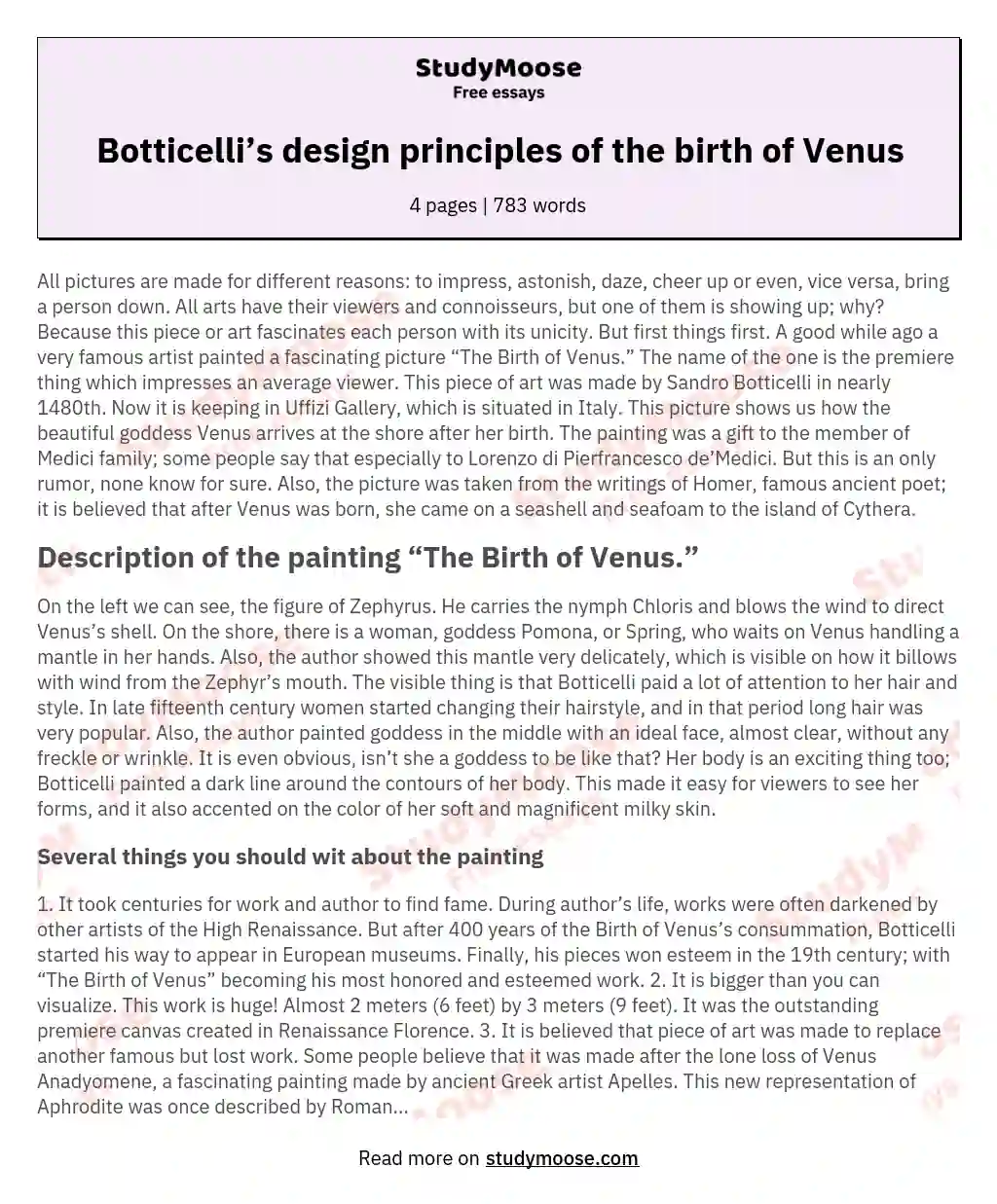 Botticelli’s design principles of the birth of Venus essay