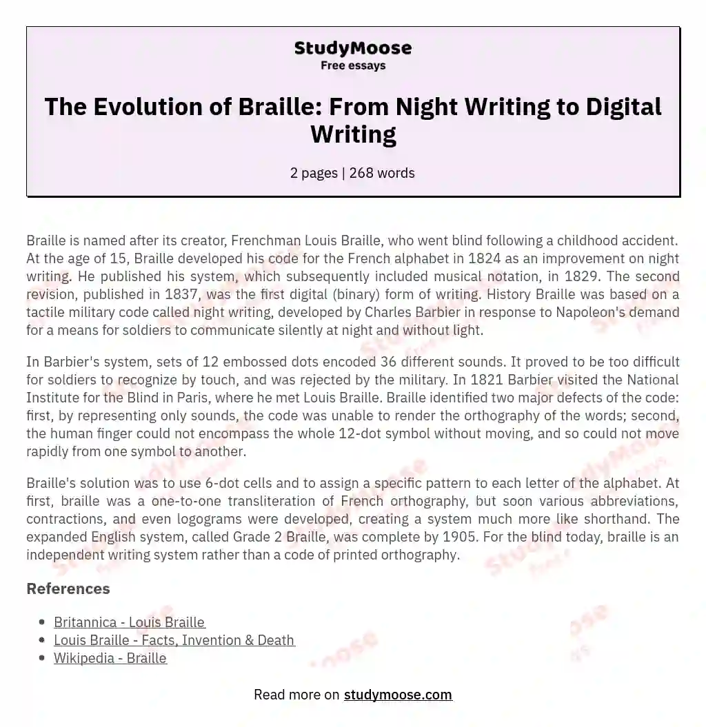 The Evolution of Braille: From Night Writing to Digital Writing essay