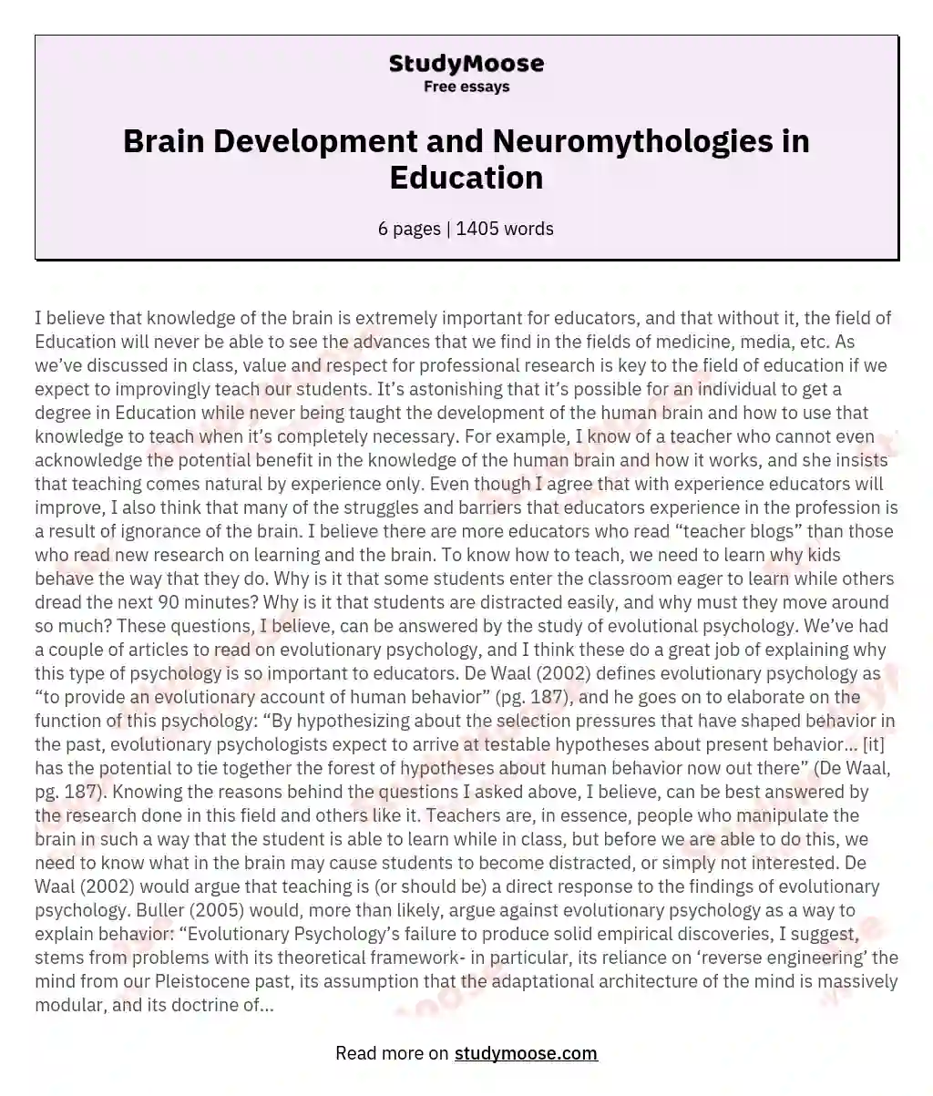 Brain Development and Neuromythologies in Education essay