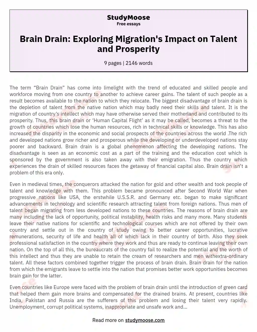 Brain Drain: Exploring Migration's Impact on Talent and Prosperity essay