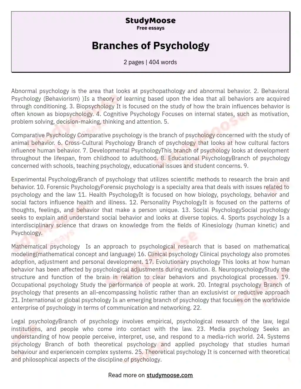 branches of psychology short essay