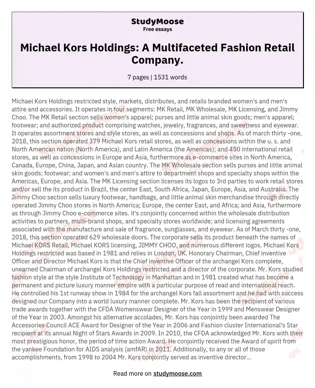 Michael Kors Holdings: A Multifaceted Fashion Retail Company. essay
