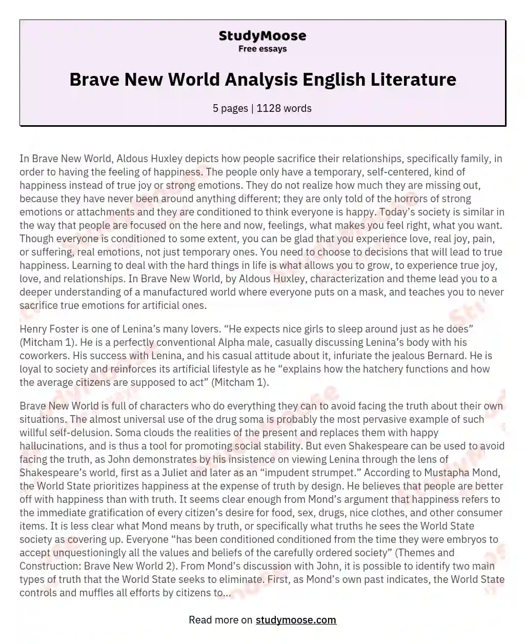 Brave New World Analysis English Literature essay