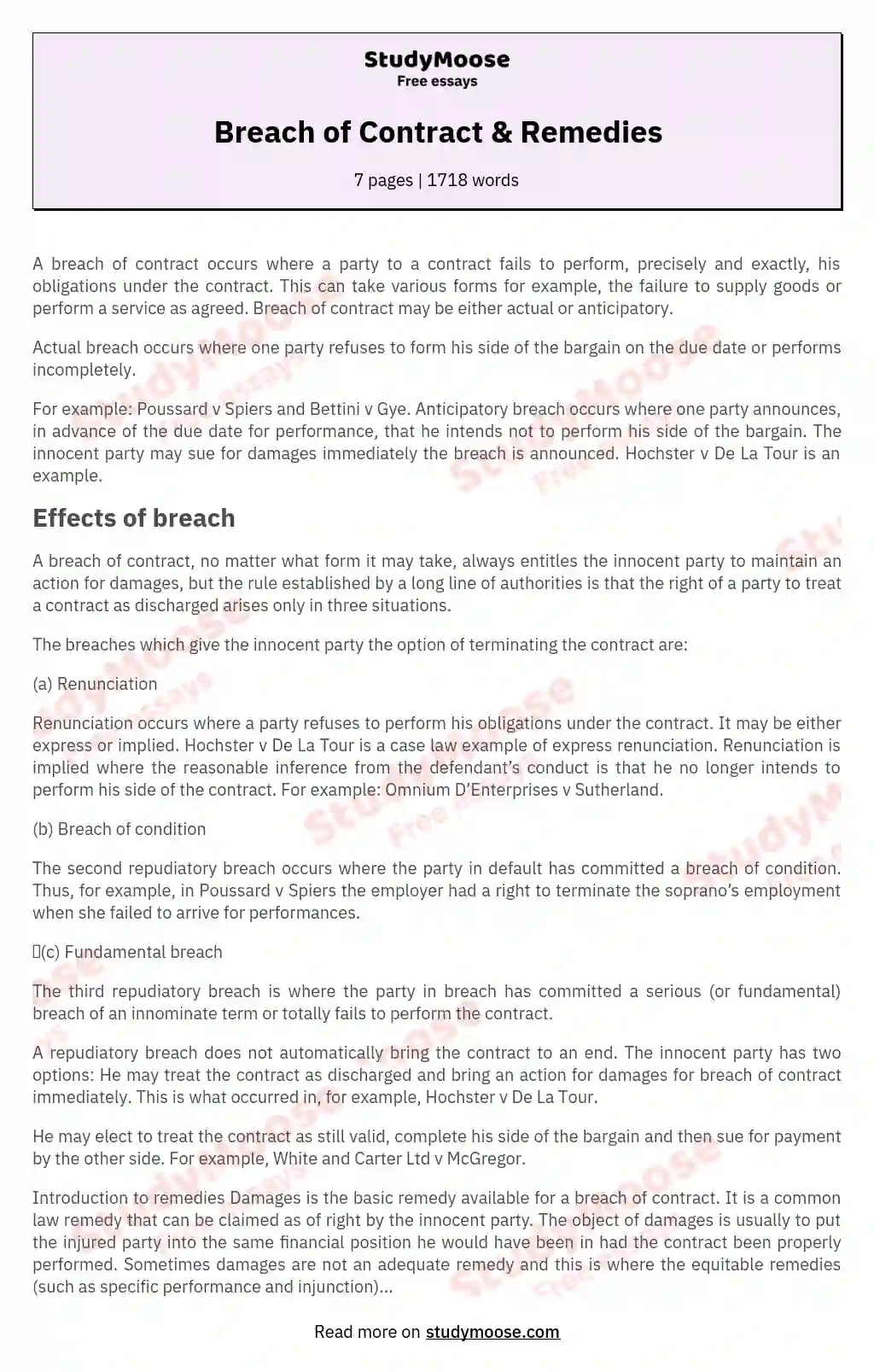Breach of Contract & Remedies essay
