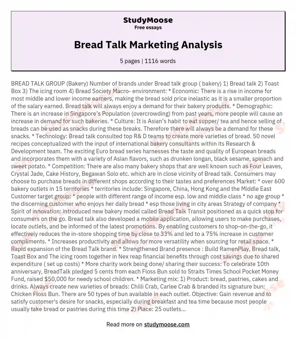 Bread Talk Marketing Analysis essay