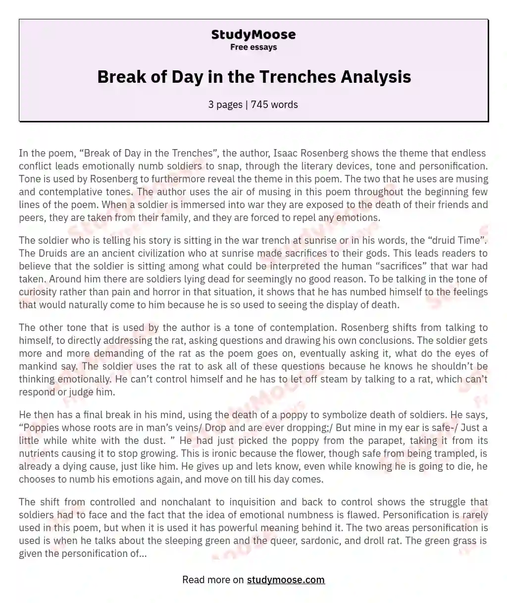 Break of Day in the Trenches Analysis essay