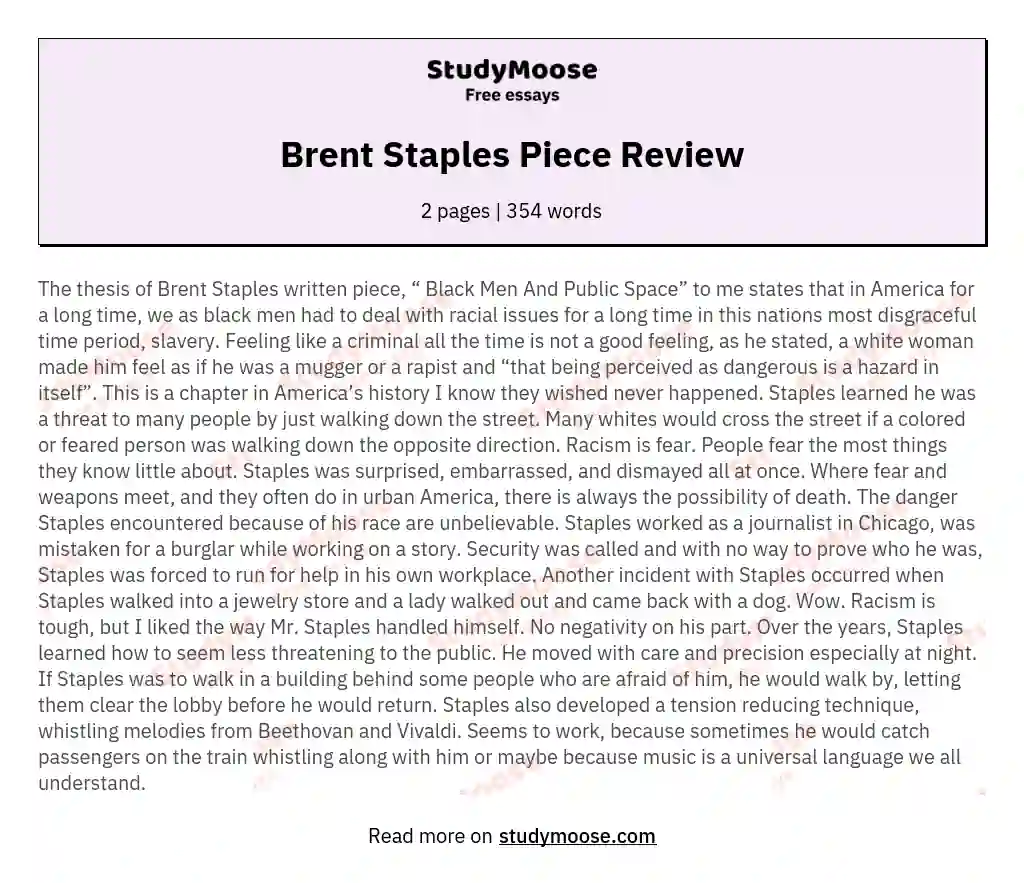 Brent Staples Piece Review essay