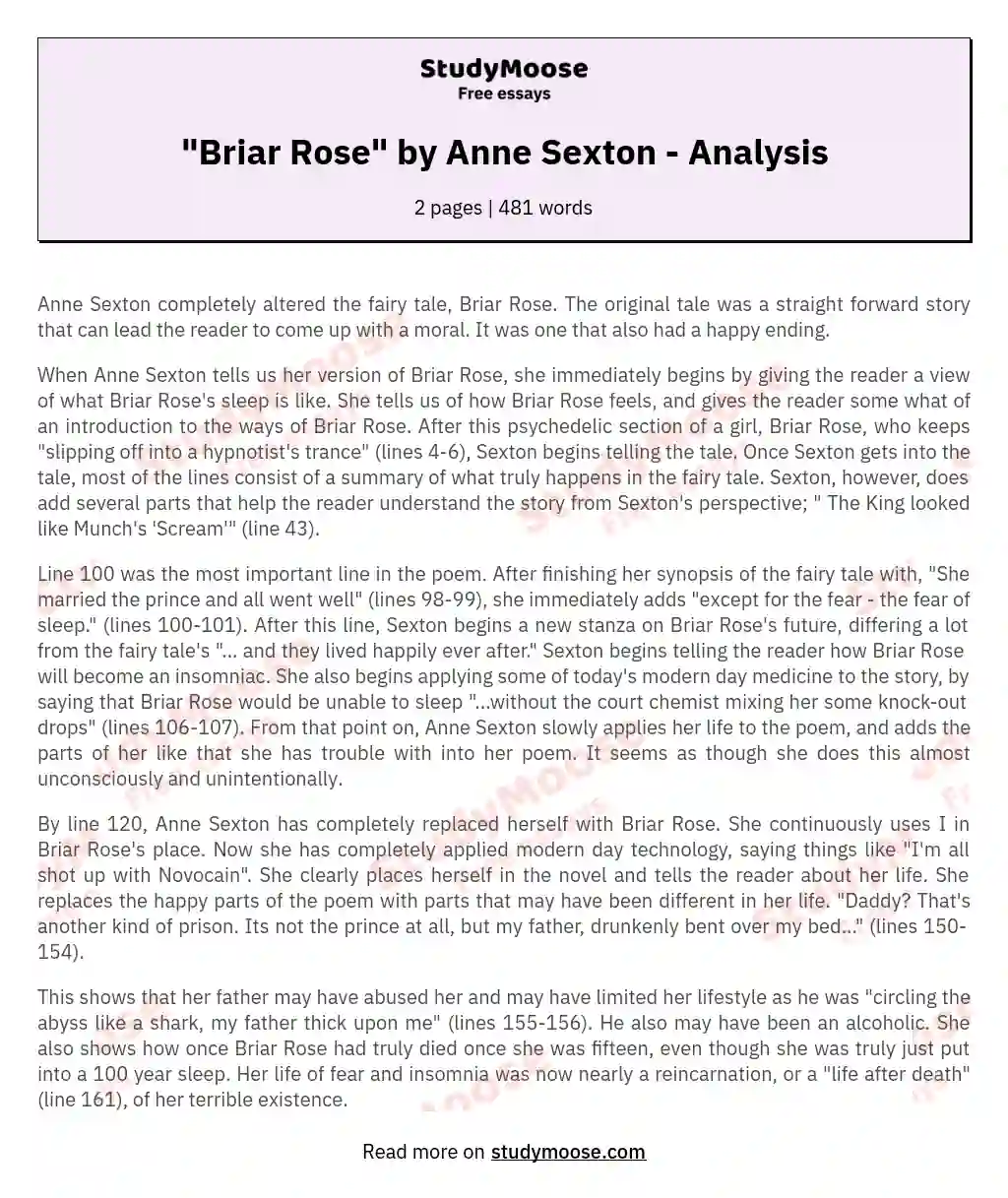 "Briar Rose" by Anne Sexton - Analysis essay
