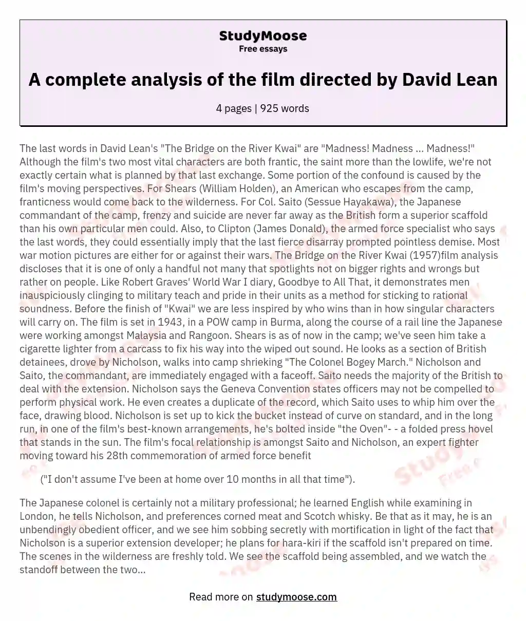 A complete  analysis of the film directed by David Lean