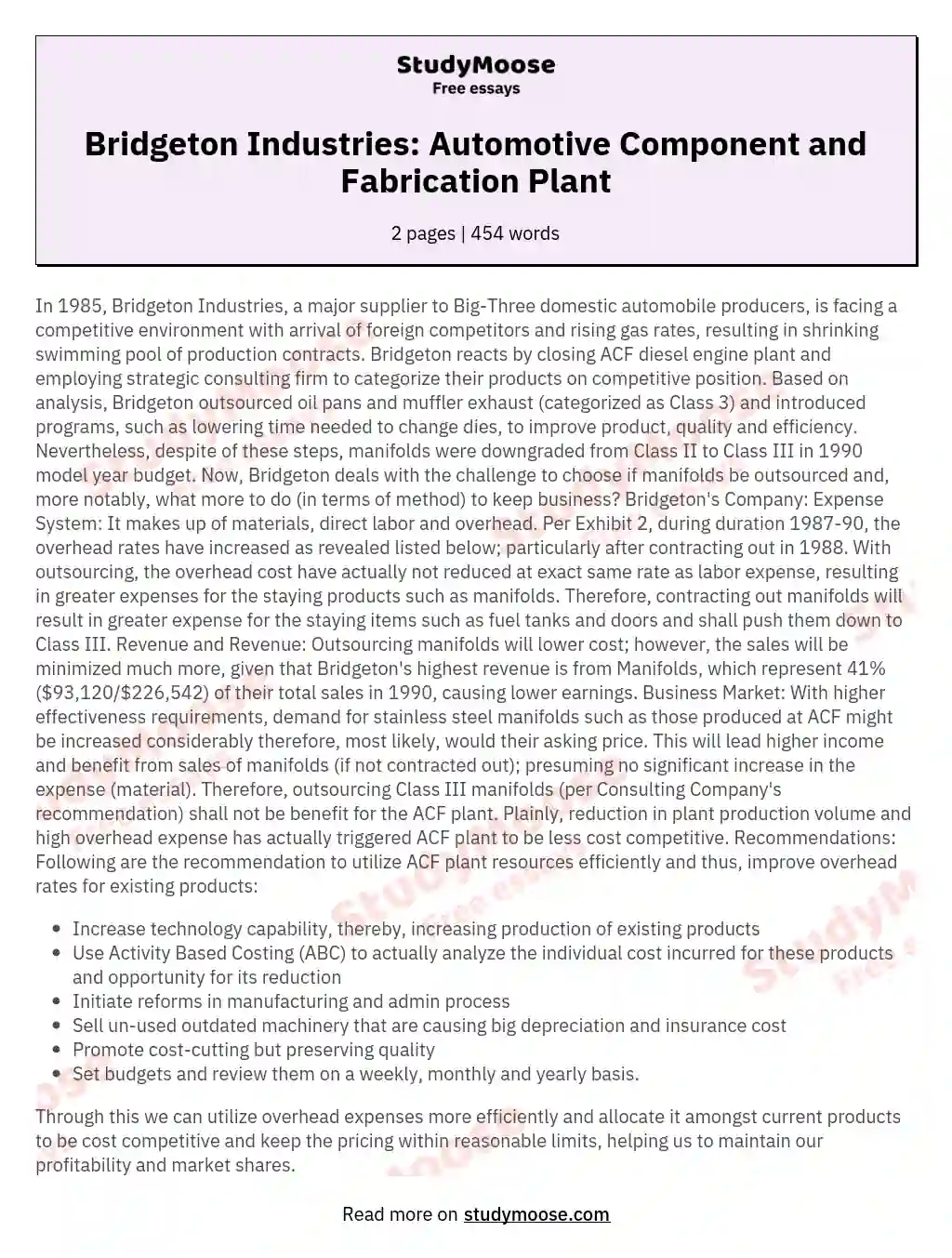 Bridgeton Industries: Automotive Component and Fabrication Plant