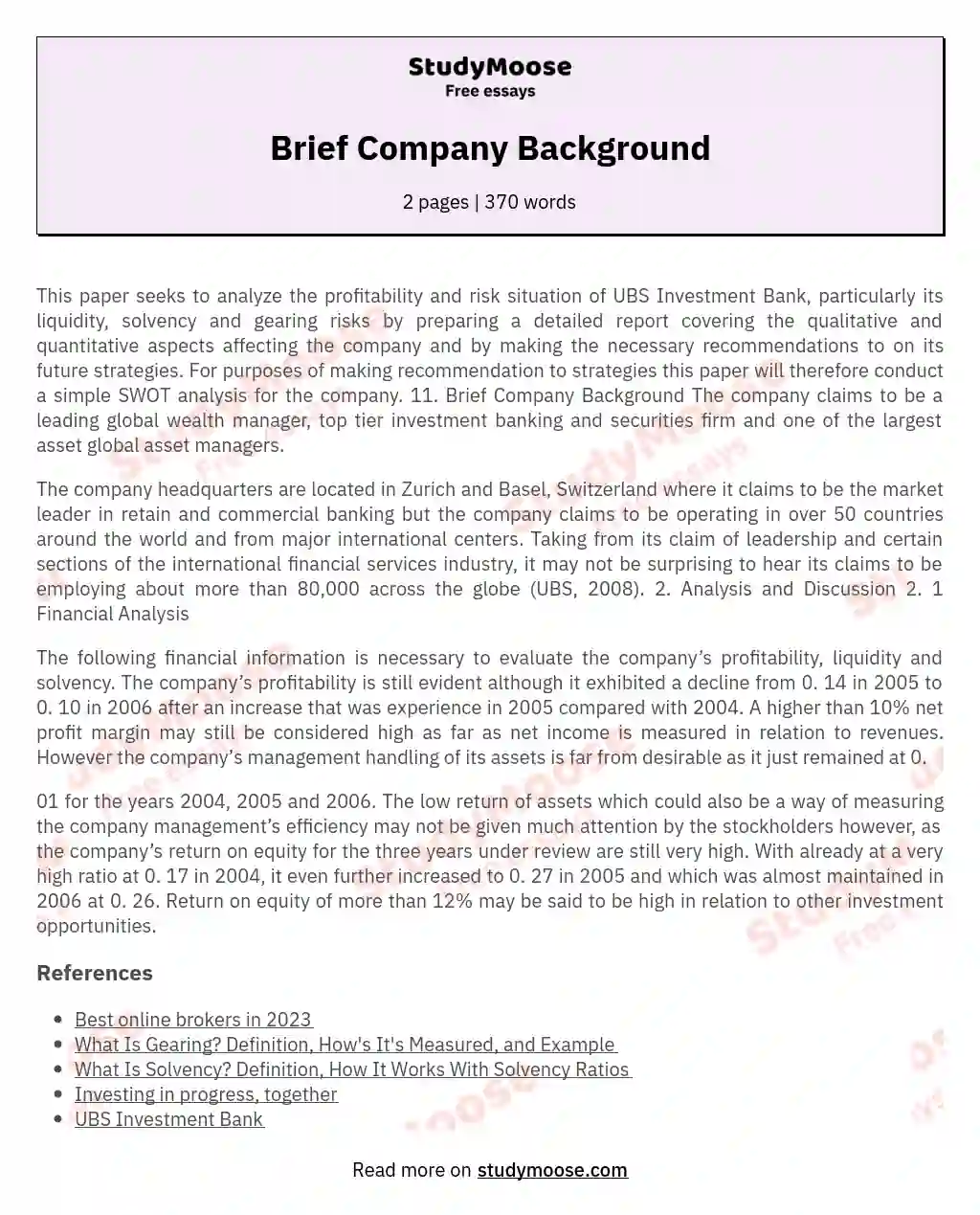 Brief Company Background Free Essay Example