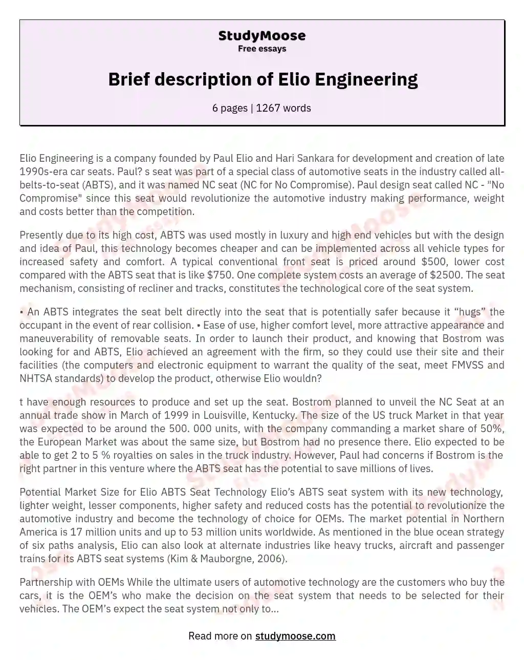 Brief description of Elio Engineering essay