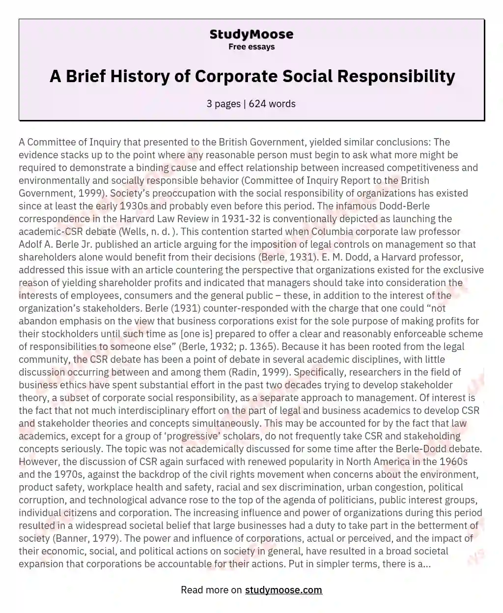 A Brief History of Corporate Social Responsibility essay