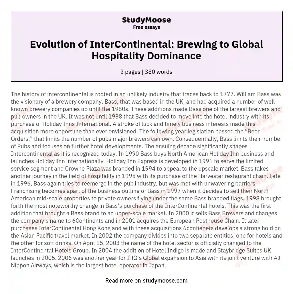 Evolution of InterContinental: Brewing to Global Hospitality Dominance essay