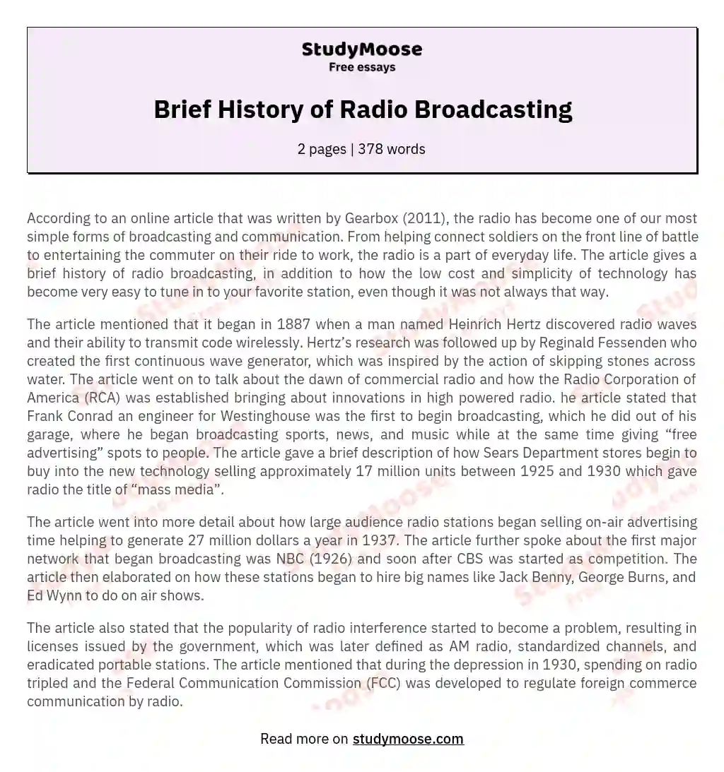 Brief History of Radio Broadcasting essay