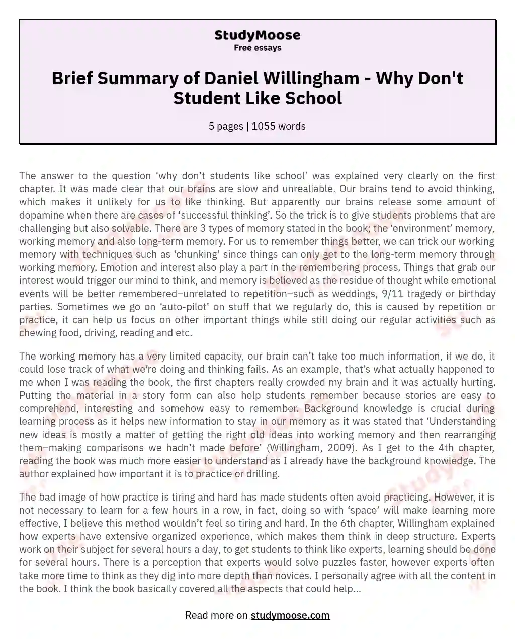 Brief Summary of Daniel Willingham - Why Don't Student Like School