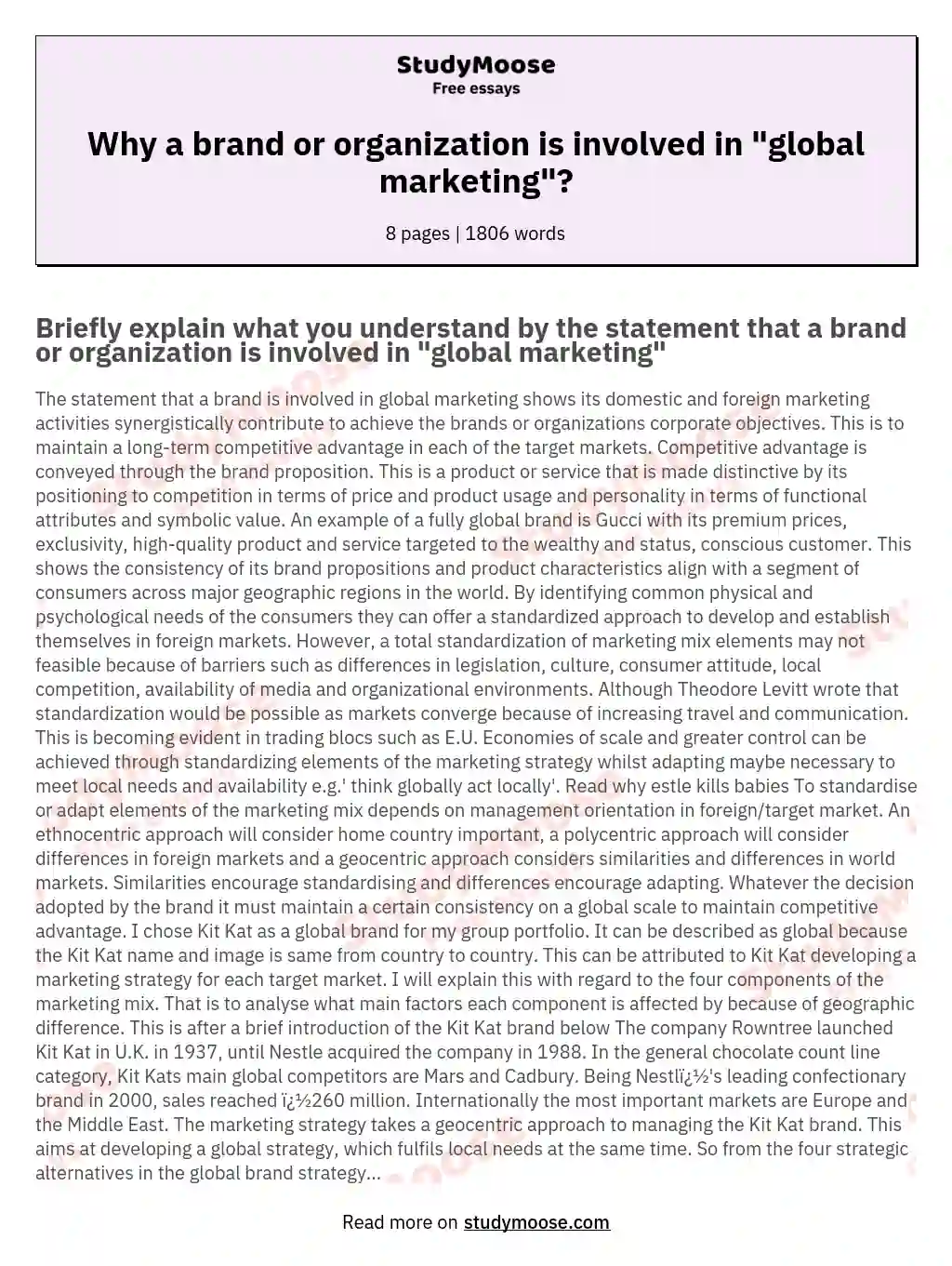 Why a brand or organization is involved in "global marketing"? essay