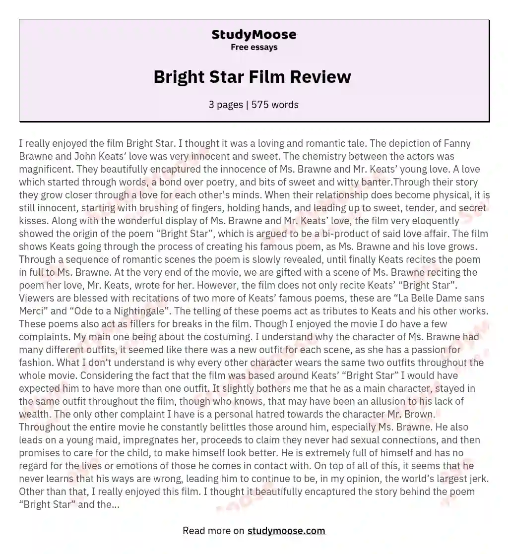 Bright Star Film Review  essay