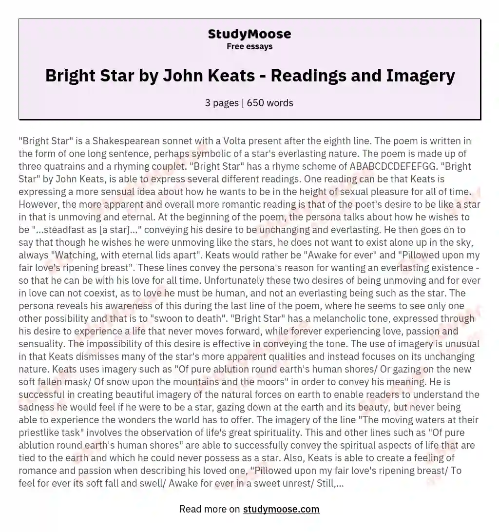 Bright Star by John Keats - Readings and Imagery essay