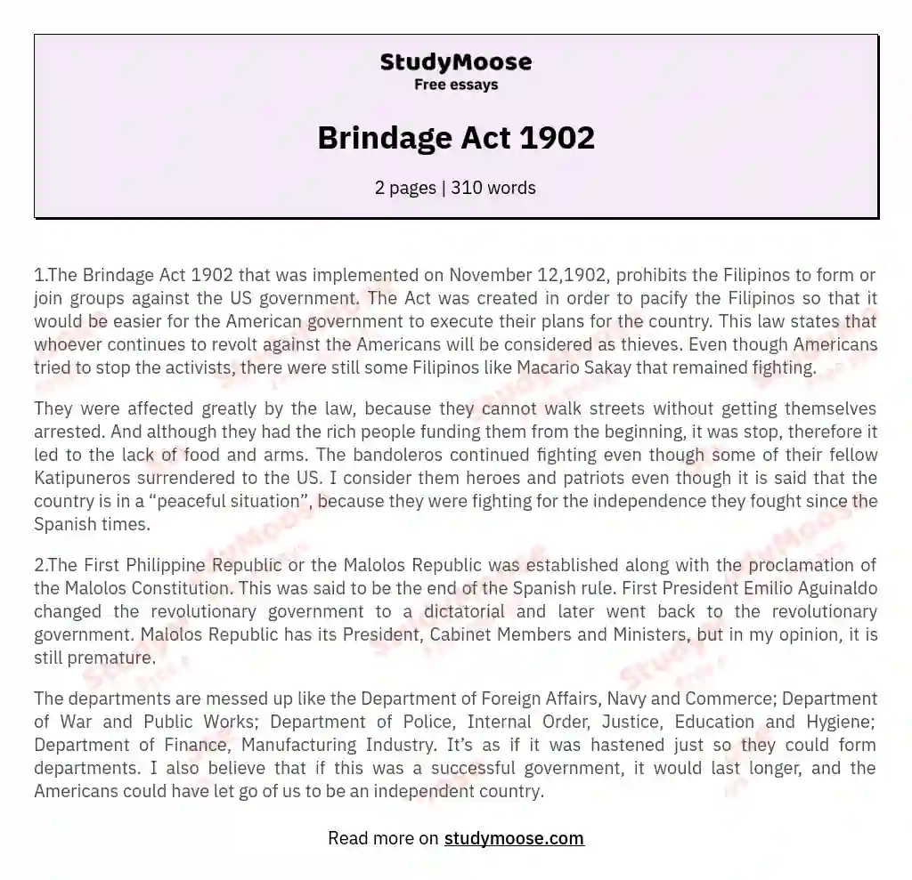 Brindage Act 1902 essay