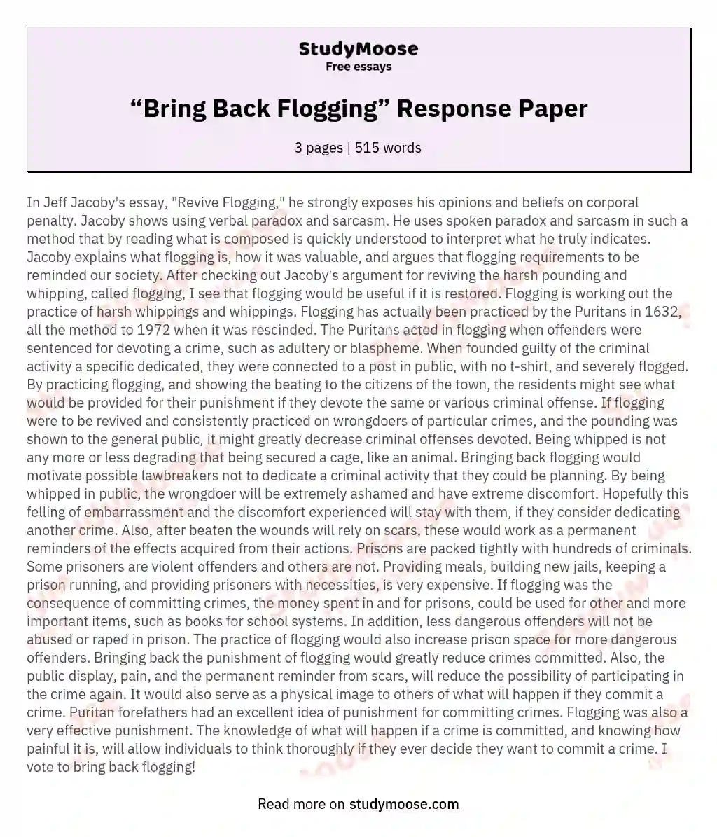 “Bring Back Flogging” Response Paper essay