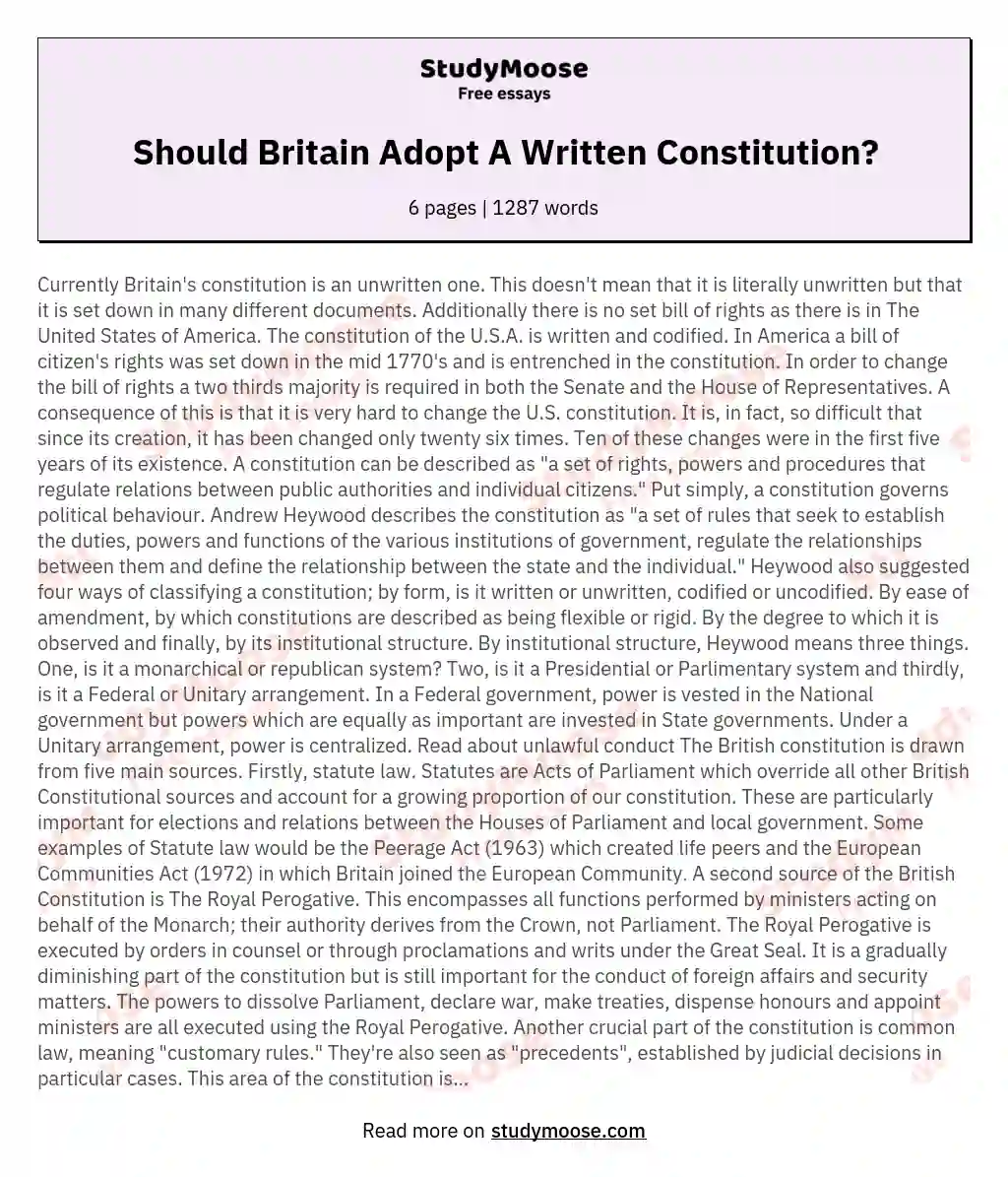 Should Britain Adopt A Written Constitution? essay