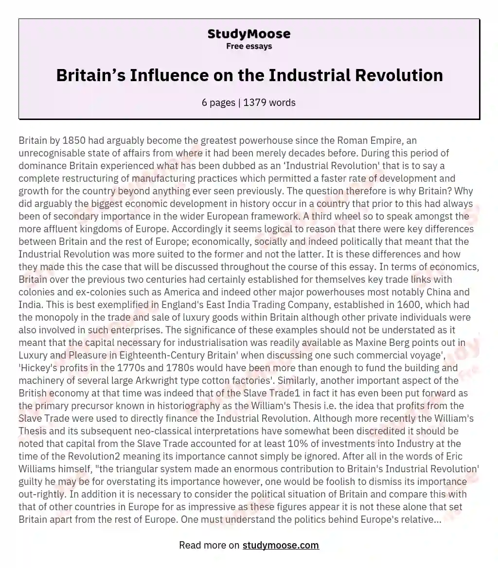 Britain’s Influence on the Industrial Revolution essay