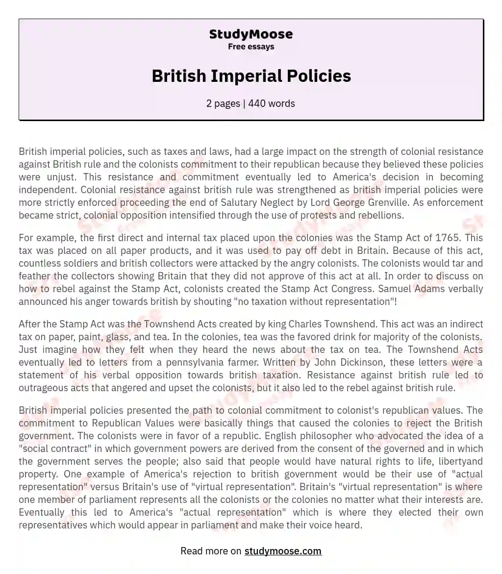 British Imperial Policies essay