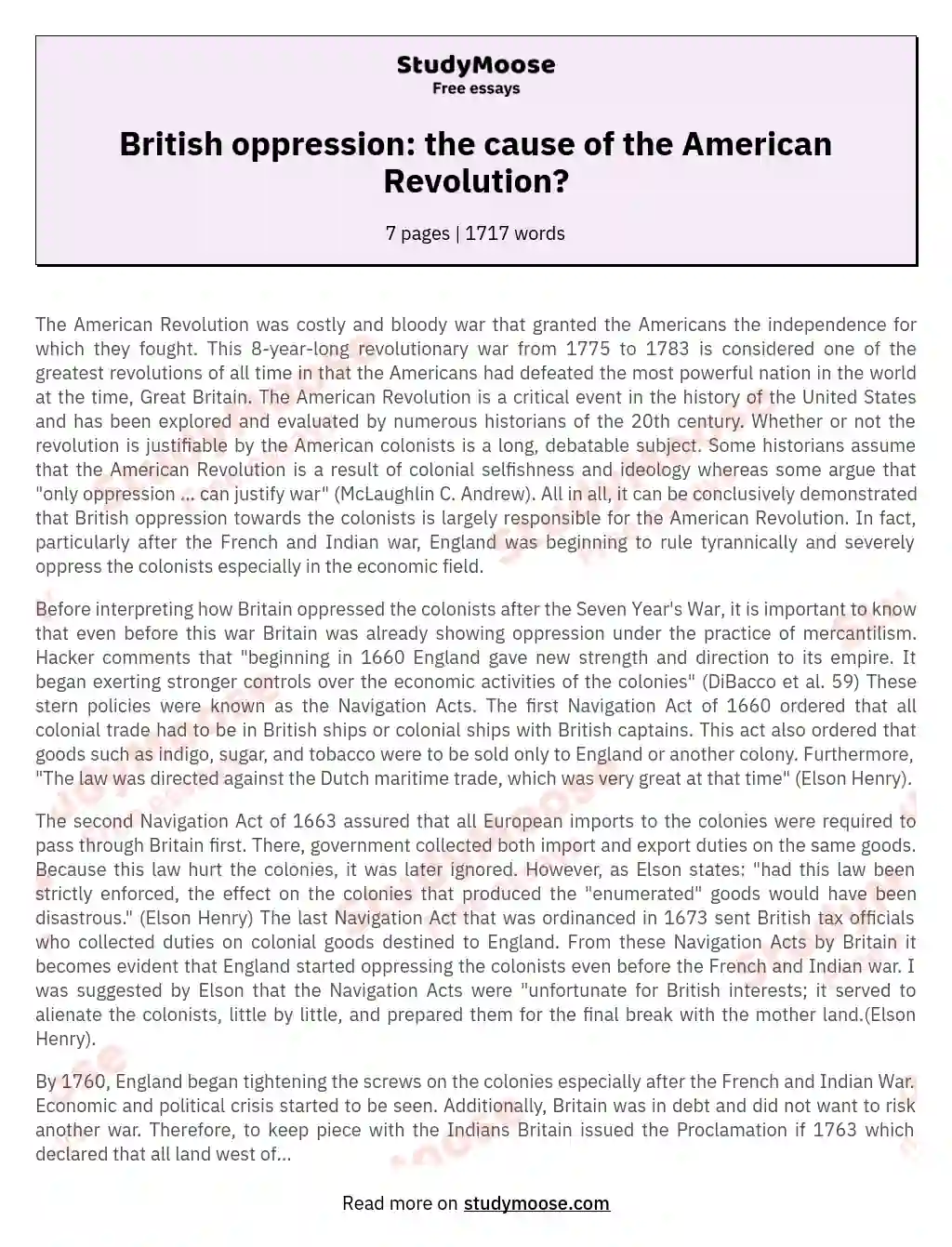 British oppression: the cause of the American Revolution? essay