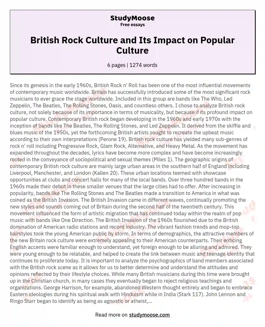 British Rock Culture and Its Impact on Popular Culture essay